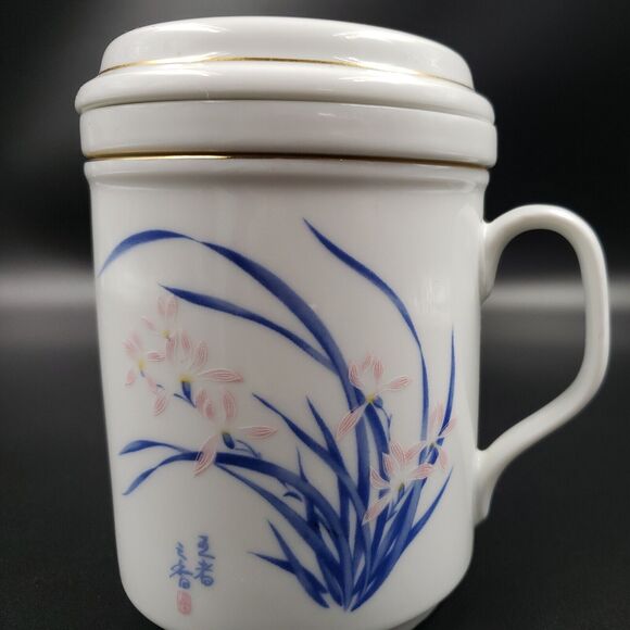 3 Piece Tea Cup Mug with Infuser Strainer and Lid Spring Iris Flowers Pink Blue - Picture 16 of 16